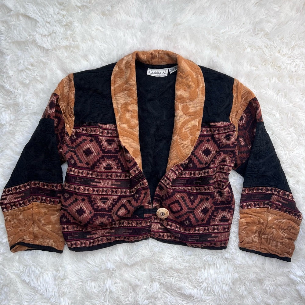 Vintage “Flashback” Black and Orange Patchwork Emboidered Cardigan Jacket